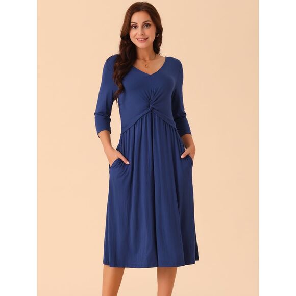 Twist Knot Front 3/4 Sleeve Casual A-line Midi Dress with Pockets Dark Blue - Picture 3 of 5